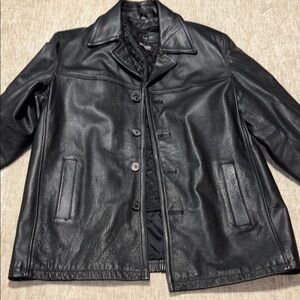 Medium Men's Heavy Black Leather coat with zip out thinsulate liner long